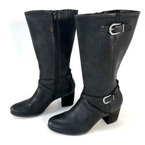 Josef Seibel Black Leather Tall Riding Boots Buckles Sz. 40 EU 9-9.5 US Side Zip